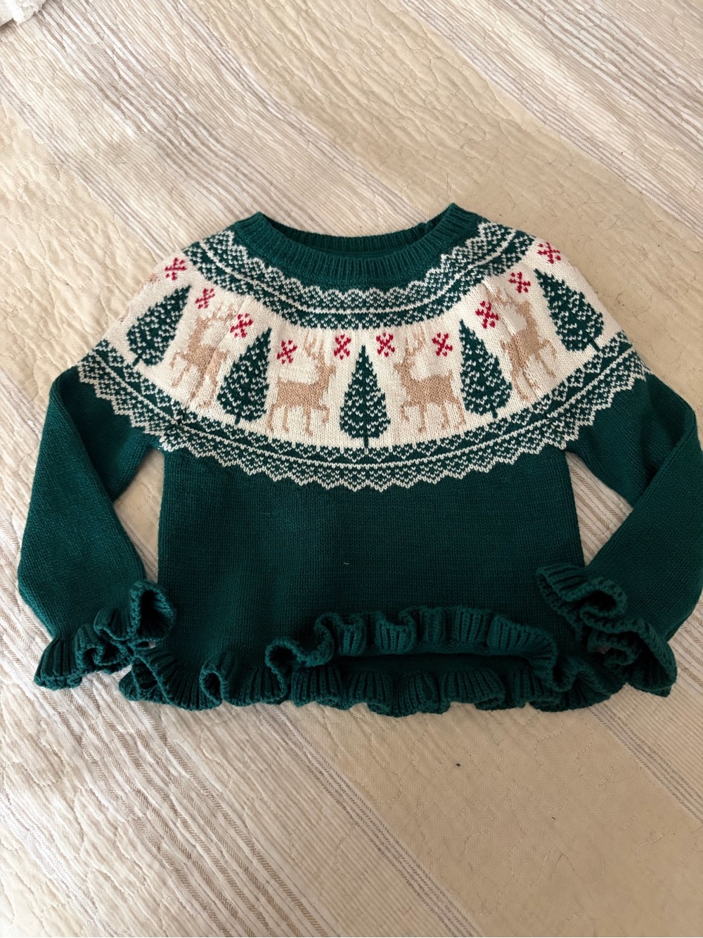 Tahari Girls Green Reindeer Christmas Sweater Frilled Cuffs And Waist